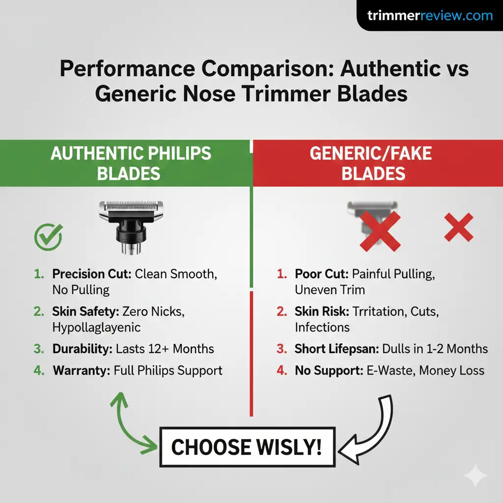 Comparison table showing differences between authentic Philips nose trimmer blades and generic fake blades