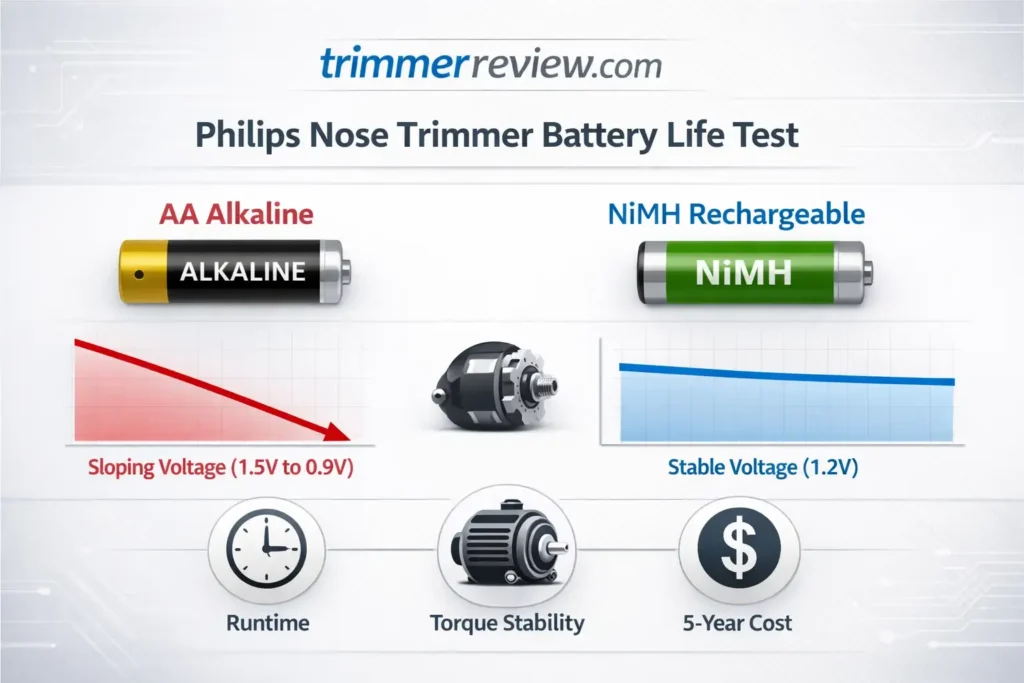 Infographic showing Philips Nose Trimmer Battery Life Test comparison between AA Alkaline with sloping voltage curve and NiMH rechargeable with stable 1.2V output, including runtime, torque stability, and 5-year cost analysis.