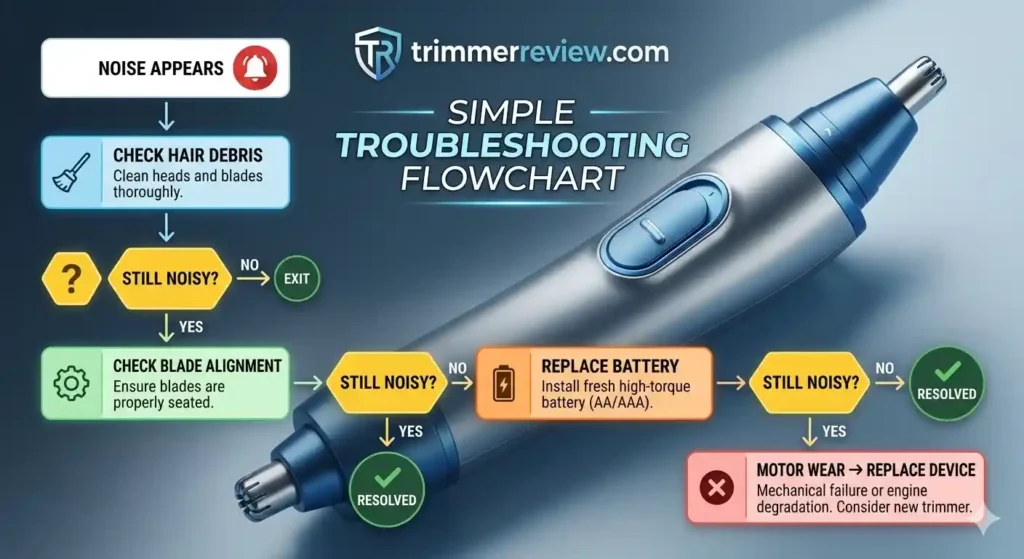 Philips nose trimmer loud noise troubleshooting flowchart showing cleaning, blade alignment, battery replacement, and motor wear diagnosis steps