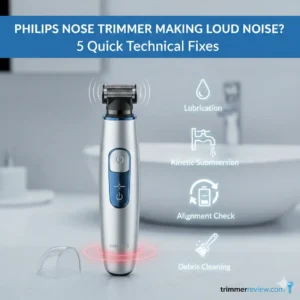 Infographic showing 5 technical fixes for a Philips nose trimmer making loud noise including lubrication and cleaning.