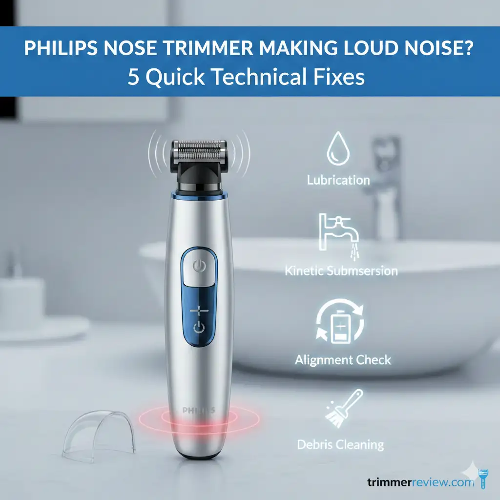 Infographic showing 5 technical fixes for a Philips nose trimmer making loud noise including lubrication and cleaning.