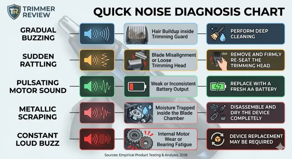 Acoustic diagnostic chart for Philips nose trimmers mapping specific sounds to mechanical causes and fixes.