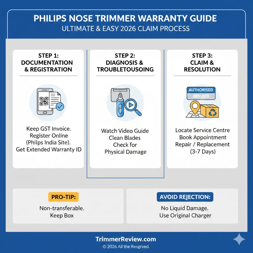 Step-by-step infographic for Philips nose trimmer warranty guide and claim process 2026