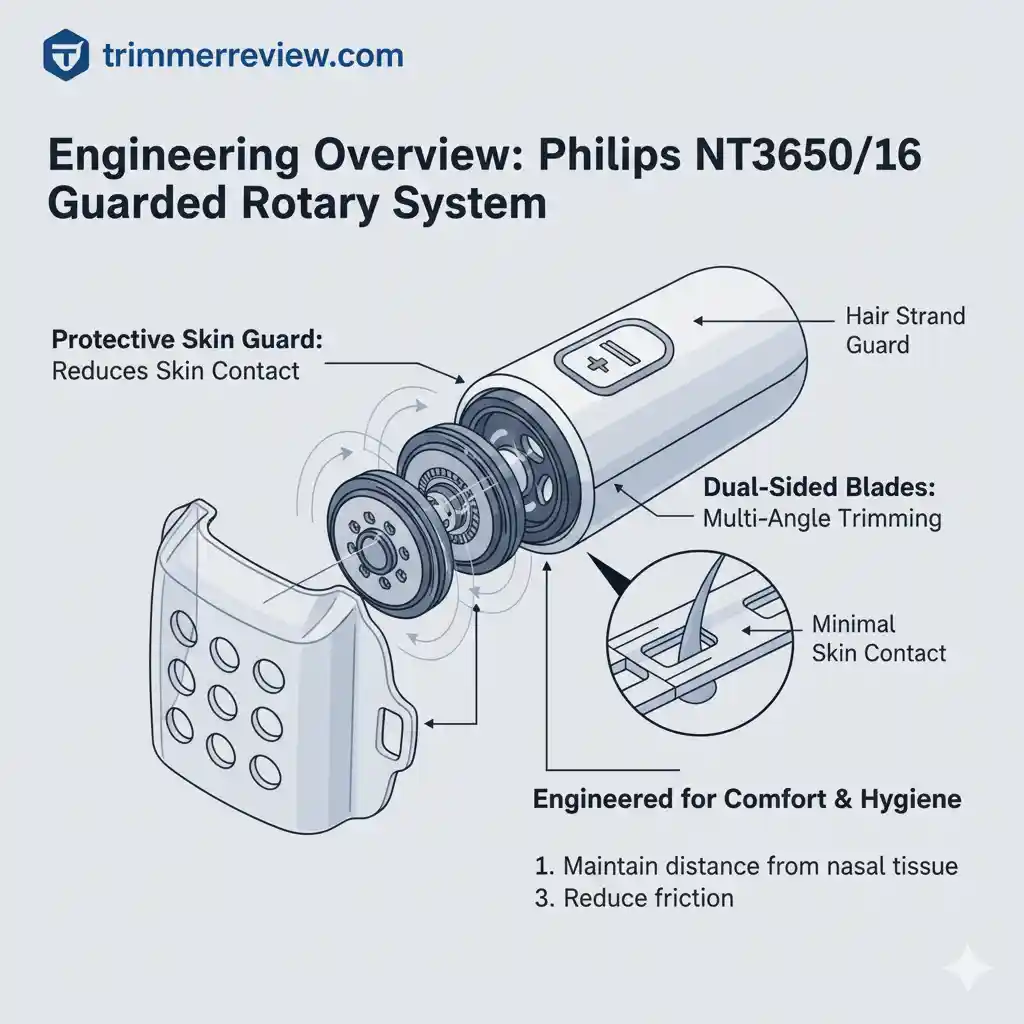 Technical diagram of the Philips NT3650/16 showing the protective skin guard and dual-sided rotary blade assembly, illustrating the safety barrier architecture.