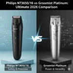 Technical comparison between Philips NT3650/16 vs Groomiist Platinum nose trimmers highlighting safety and power features.