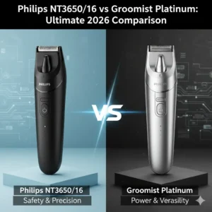 Technical comparison between Philips NT3650/16 vs Groomiist Platinum nose trimmers highlighting safety and power features.
