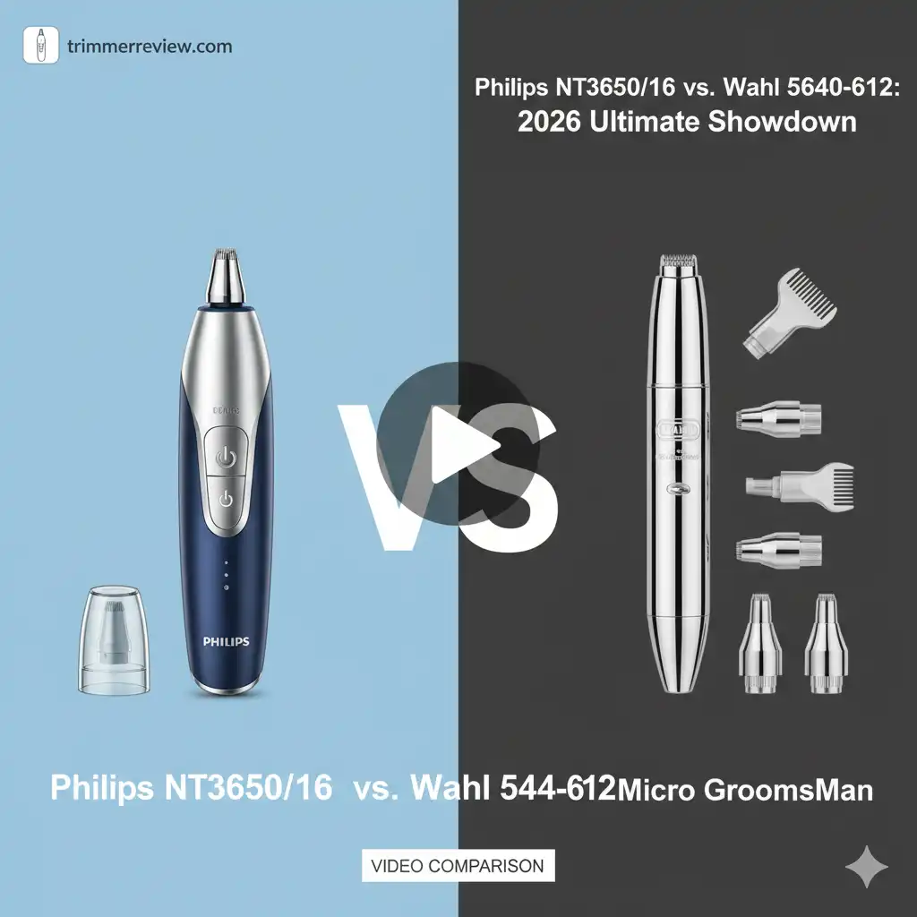 A video comparison preview of Philips NT3650/16 vs. Wahl 5640-612 featuring a play button and trimmer attachments for 2026 grooming standards.