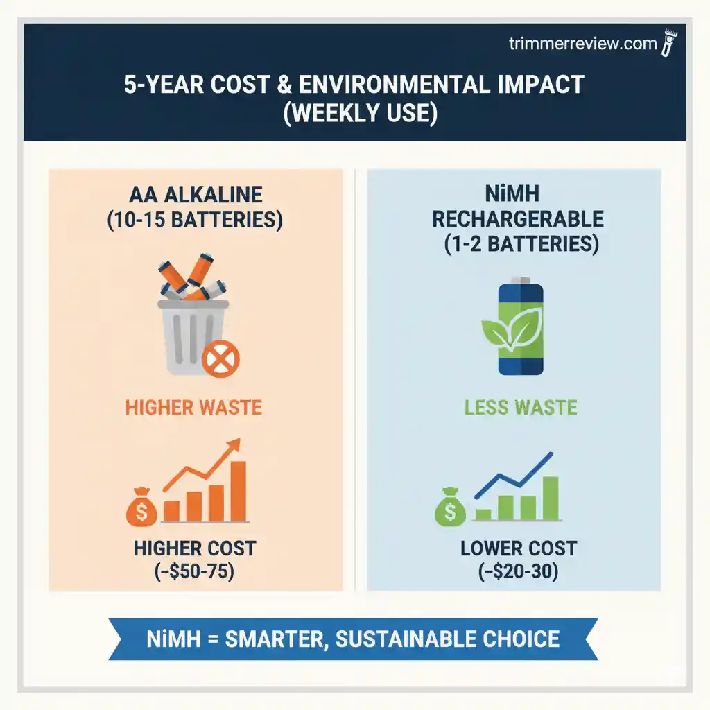 Infographic comparing 5-year cost and environmental waste impact of using AA Alkaline versus NiMH rechargeable batteries in a Philips nose trimmer.