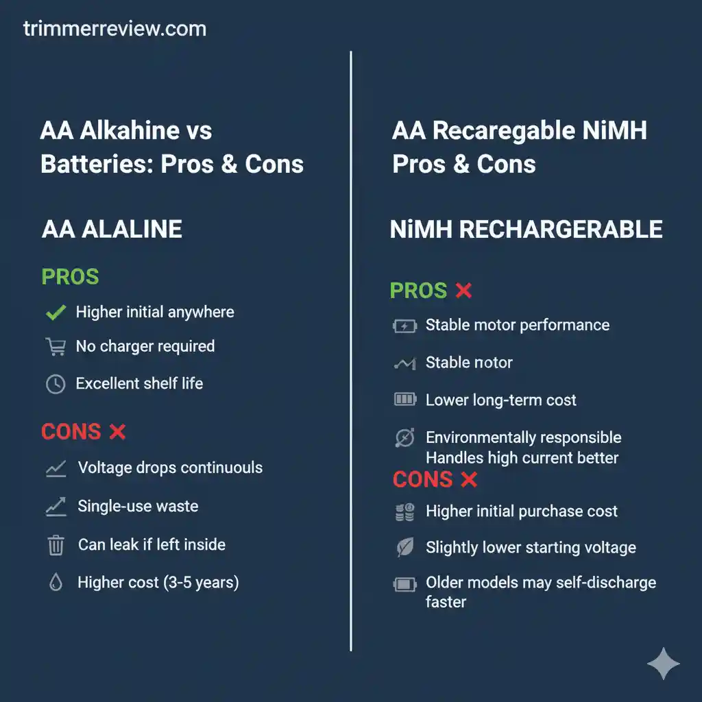 Pros and cons comparison table of AA Alkaline versus NiMH rechargeable batteries for Philips NT3650 nose trimmers, highlighting performance, cost, and environmental factors.