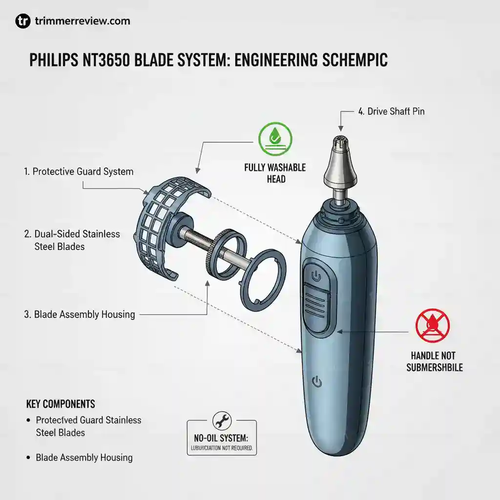Technical exploded view of the Philips NT3650 nose trimmer blade system showing detachable head, stainless steel blades, and motor drive shaft.