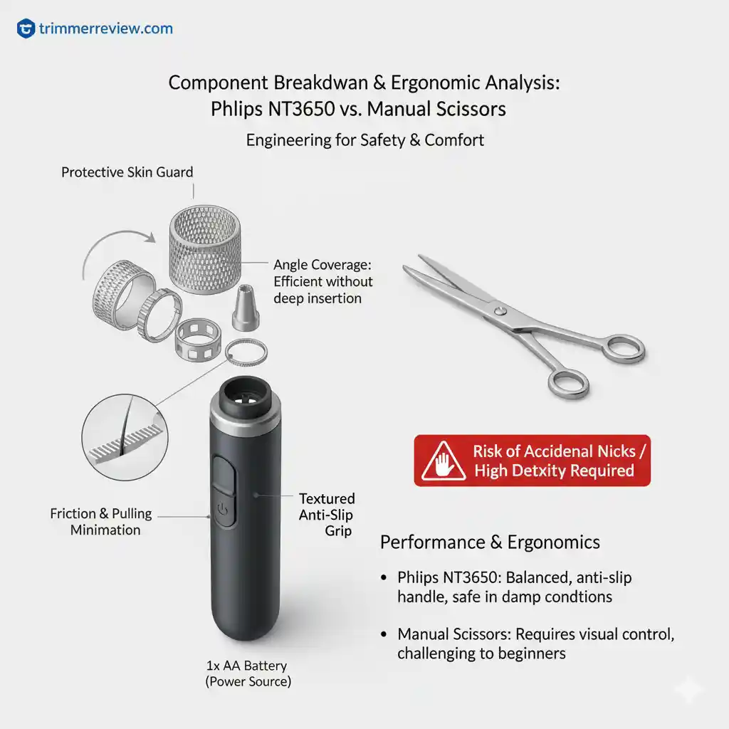 Exploded view of the Philips NT3650 components showing the protective guard and rotary assembly compared to standard manual scissors, with ergonomic annotations.