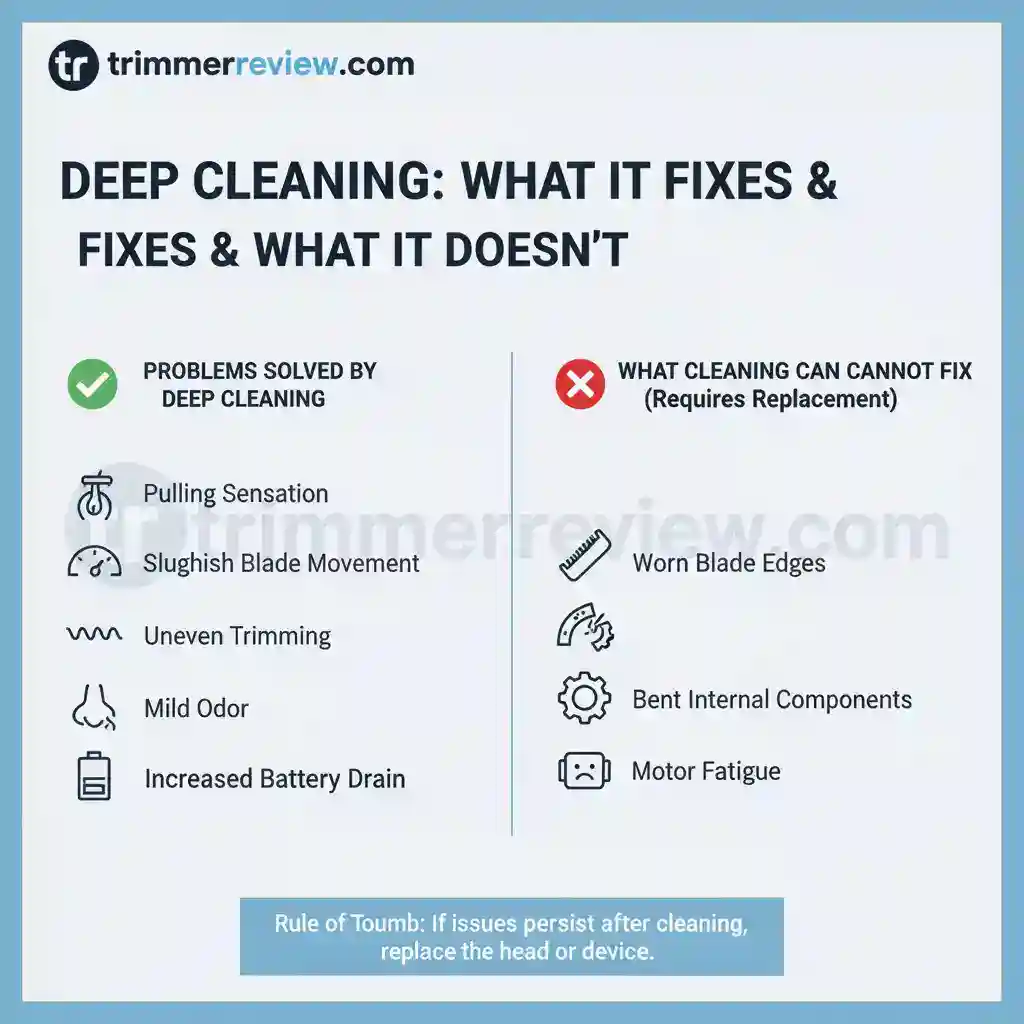 Comparison chart showing symptoms solved by deep cleaning a Philips NT3650 vs. symptoms indicating permanent hardware wear and the need for replacement.