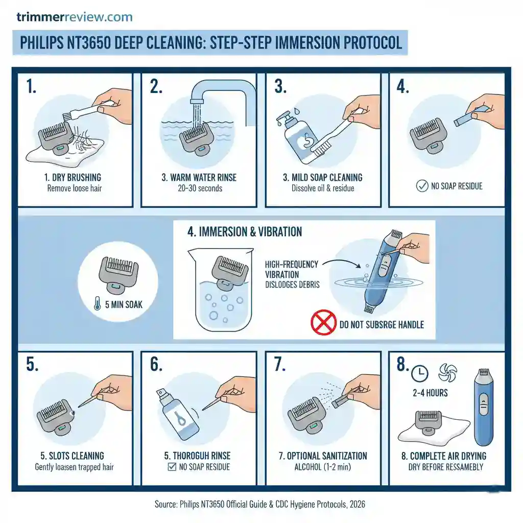 Step-by-step visual guide showing how to deep clean a Philips NT3650 nose trimmer, including brushing, rinsing, soap cleaning, and the immersion vibration technique.