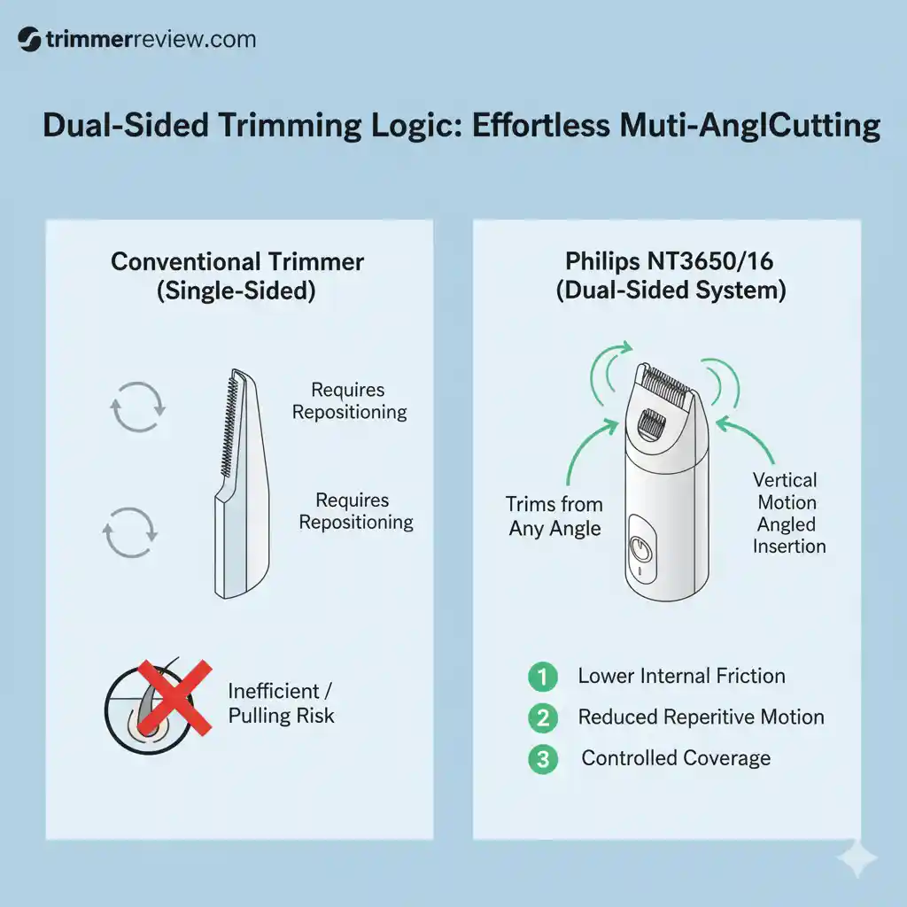 Comparative infographic showing the efficiency of the Philips NT3650/16 dual-sided cutting system versus a conventional single-sided trimmer.