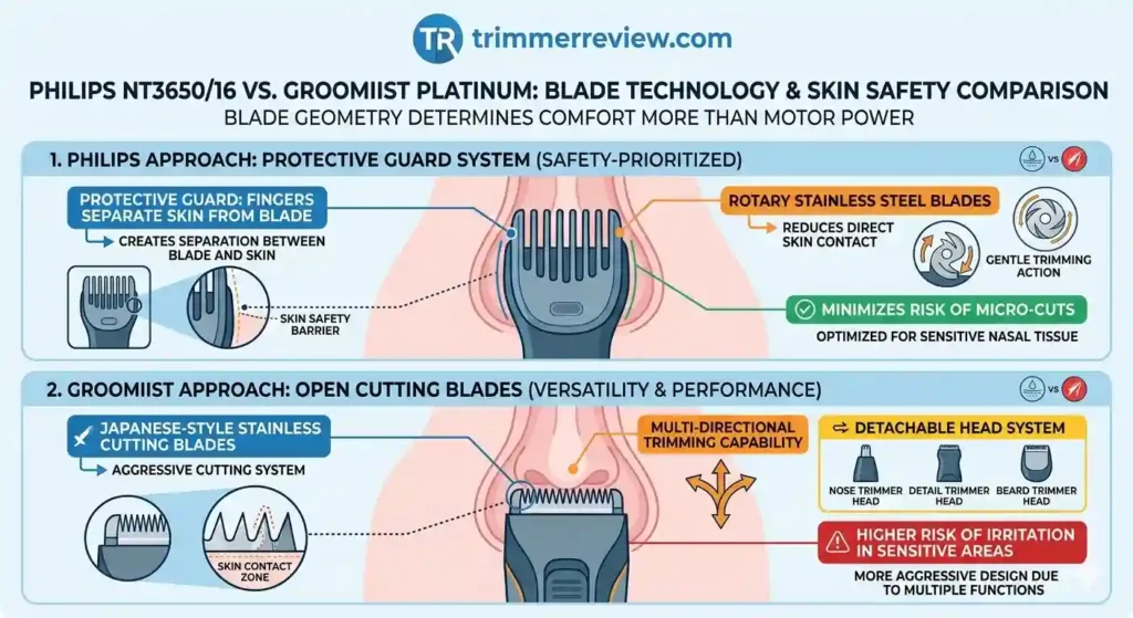 A technical diagram comparing the blade geometry and skin safety of the Philips NT3650 and Groomiist Platinum trimmers, showing how the protective guard prevents skin contact.