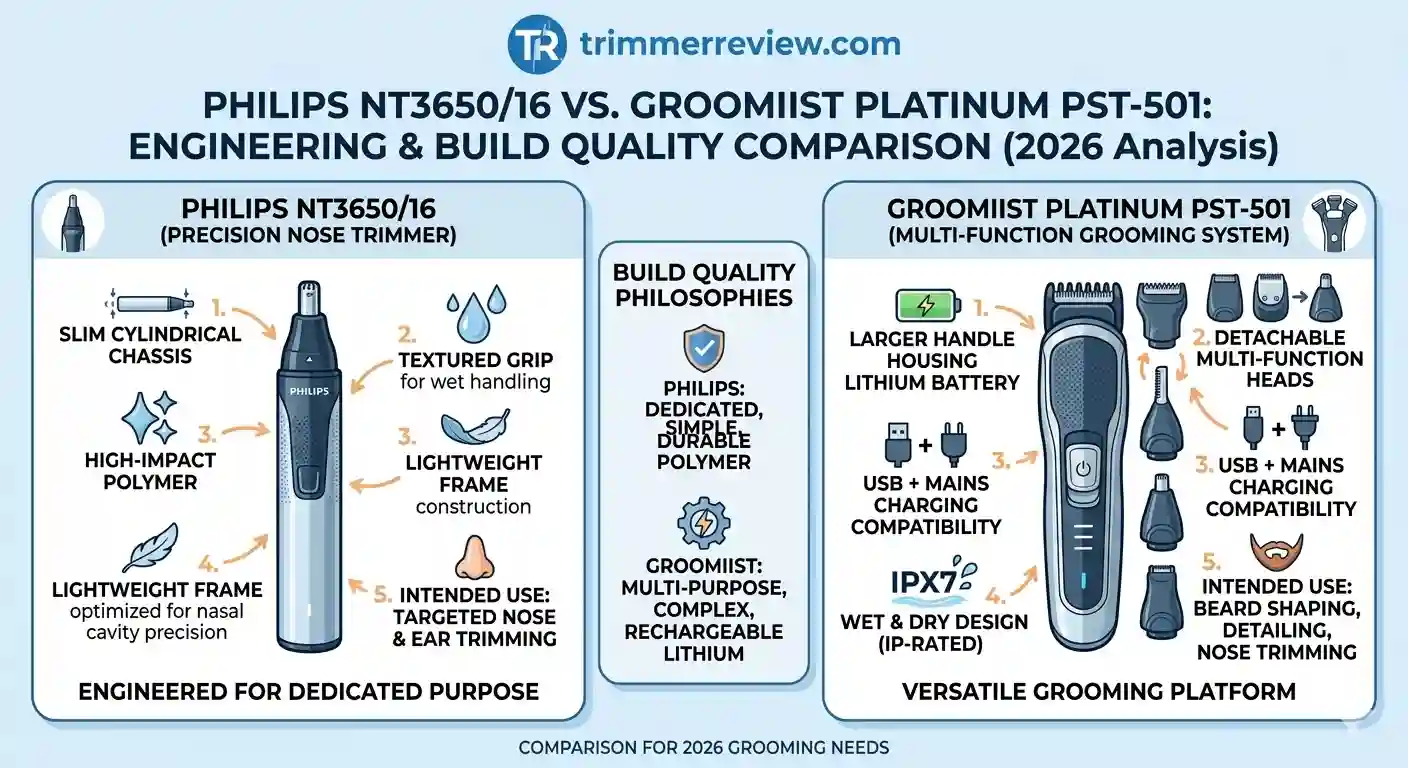 A technical diagram comparing the engineering design and build quality of the Philips NT3650 nose trimmer with the multi-function Groomiist Platinum system.