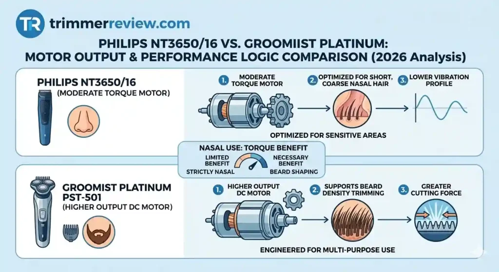 A technical diagram comparing the motor output and performance logic of the Philips NT3650 and Groomiist Platinum trimmers, illustrating torque benefits for nasal vs. beard use.