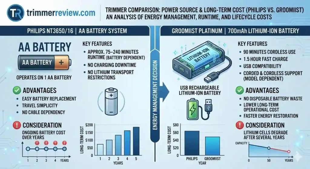A technical diagram comparing the power sources, runtime lifecycle, and long-term costs of the Philips NT3650 and Groomiist Platinum trimmers, visualizing AA battery use vs. lithium-ion degradation.