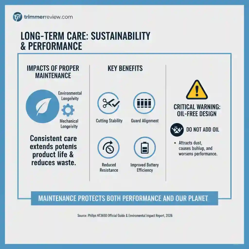 An infographic explaining how proper maintenance of the Philips NT3650 trimmer extends device life, improves performance, and includes a critical warning against using oil.