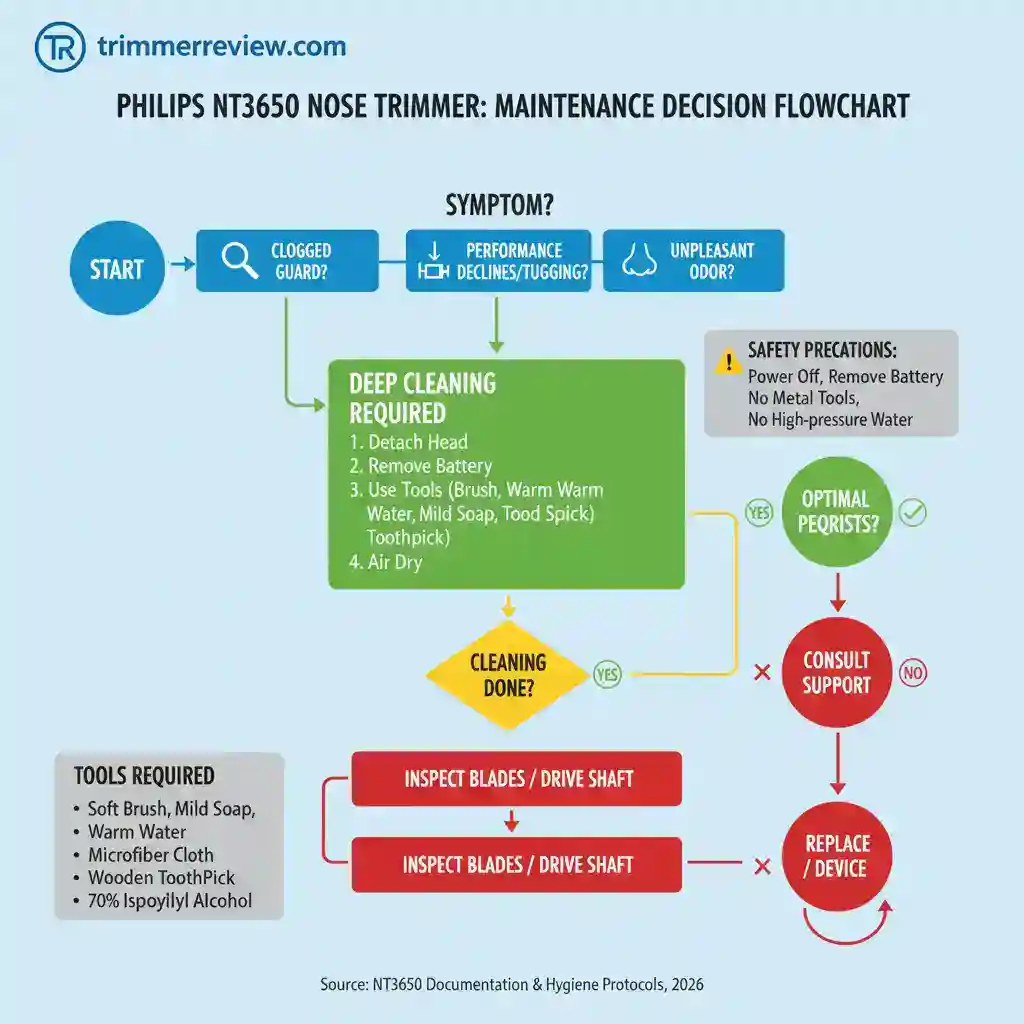Flowchart illustrating the decision-making process for deep cleaning a Philips NT3650 nose trimmer, including safety precautions and required maintenance tools.