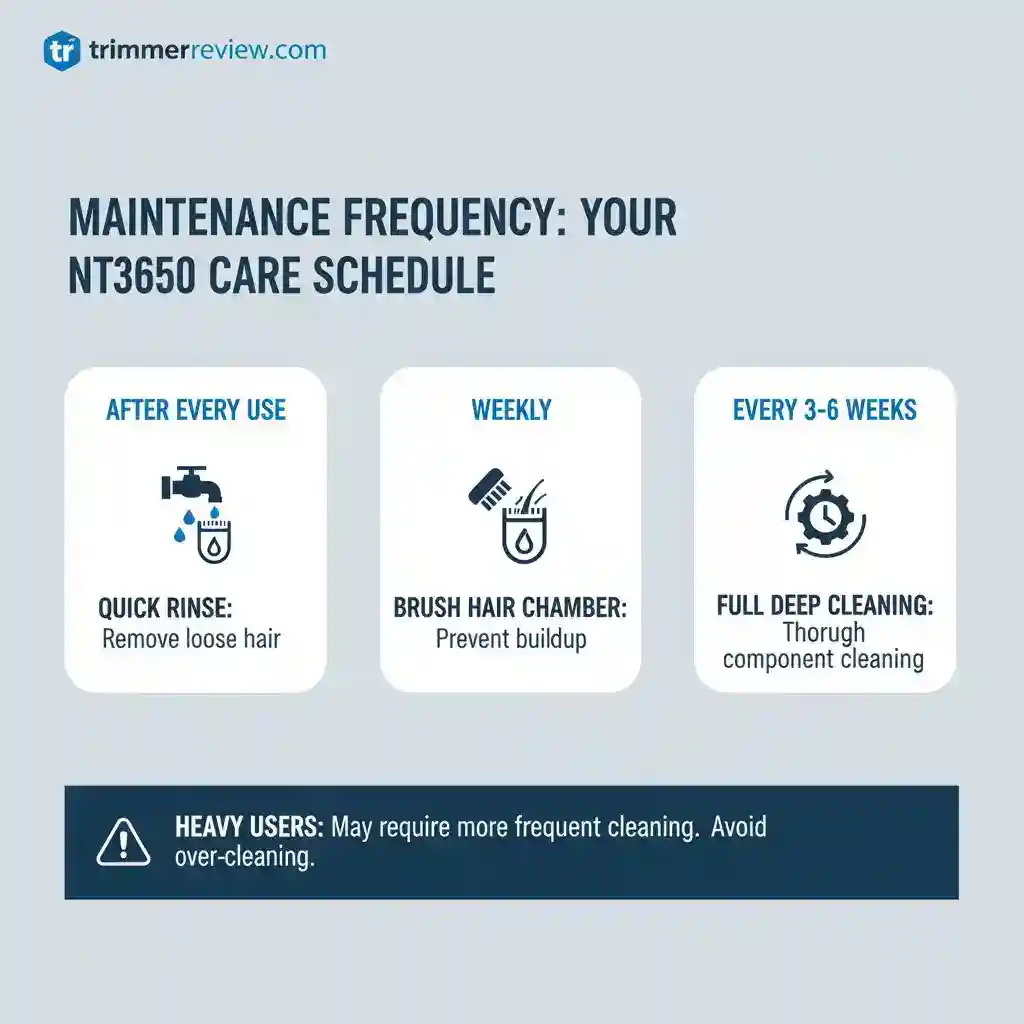 Infographic displaying the recommended maintenance schedule for the Philips NT3650 nose trimmer, categorized by daily, weekly, and periodic deep cleaning intervals.
