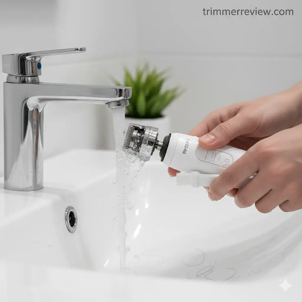 Philips NT3650 nose trimmer with cleaning brush and detached blades on a bathroom counter.