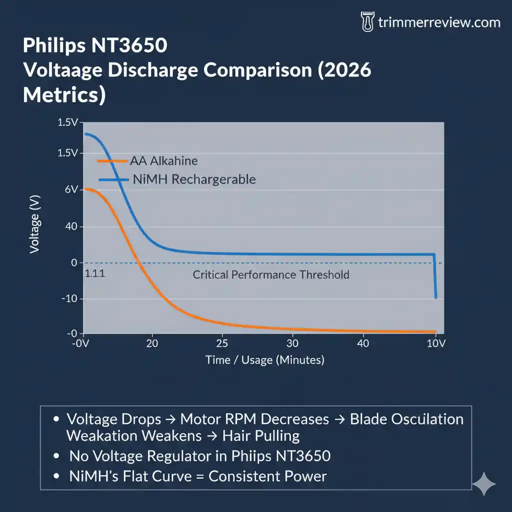 Philips NT3650 trimmer battery voltage discharge curve comparing AA Alkaline and NiMH rechargeable batteries, showing steady voltage for NiMH vs sloping decline for Alkaline.