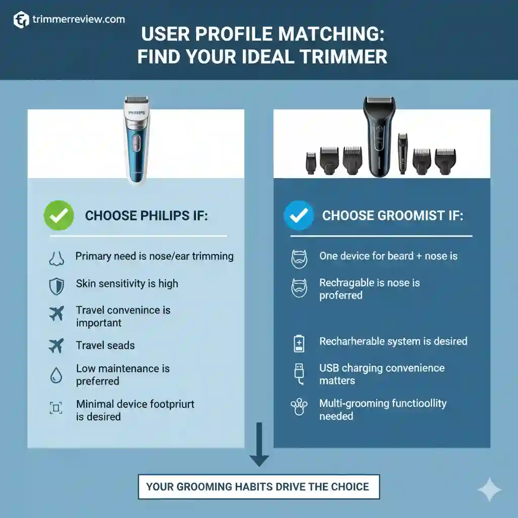 A side-by-side decision guide contrasting the ideal user profiles for the Philips NT3650/16 and the Groomiist Platinum grooming system.