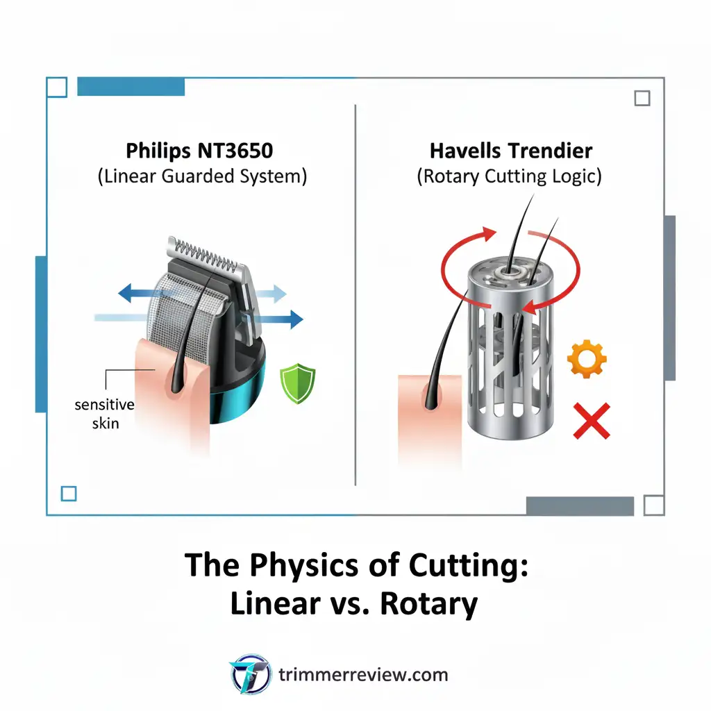 Philips NT3650 linear guarded system vs Havells Trendier rotary cutting logic diagram