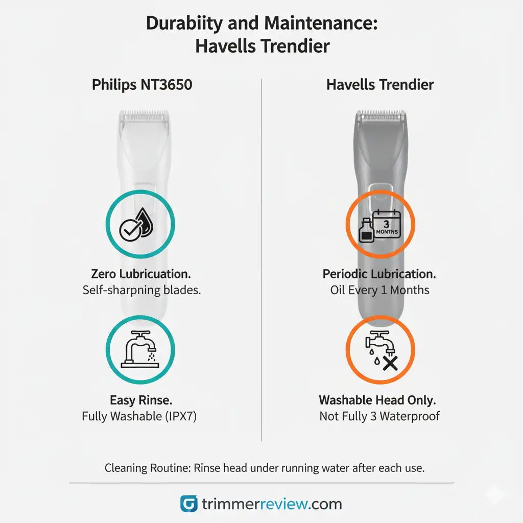 Maintenance and durability comparison: Philips NT3650 vs Havells Trendier nose trimmers.
