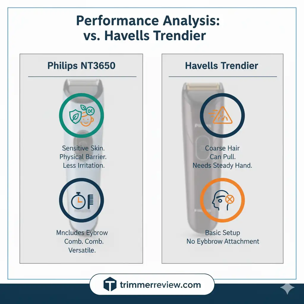 Performance analysis comparison chart of Philips NT3650 vs Havells Trendier nose trimmers