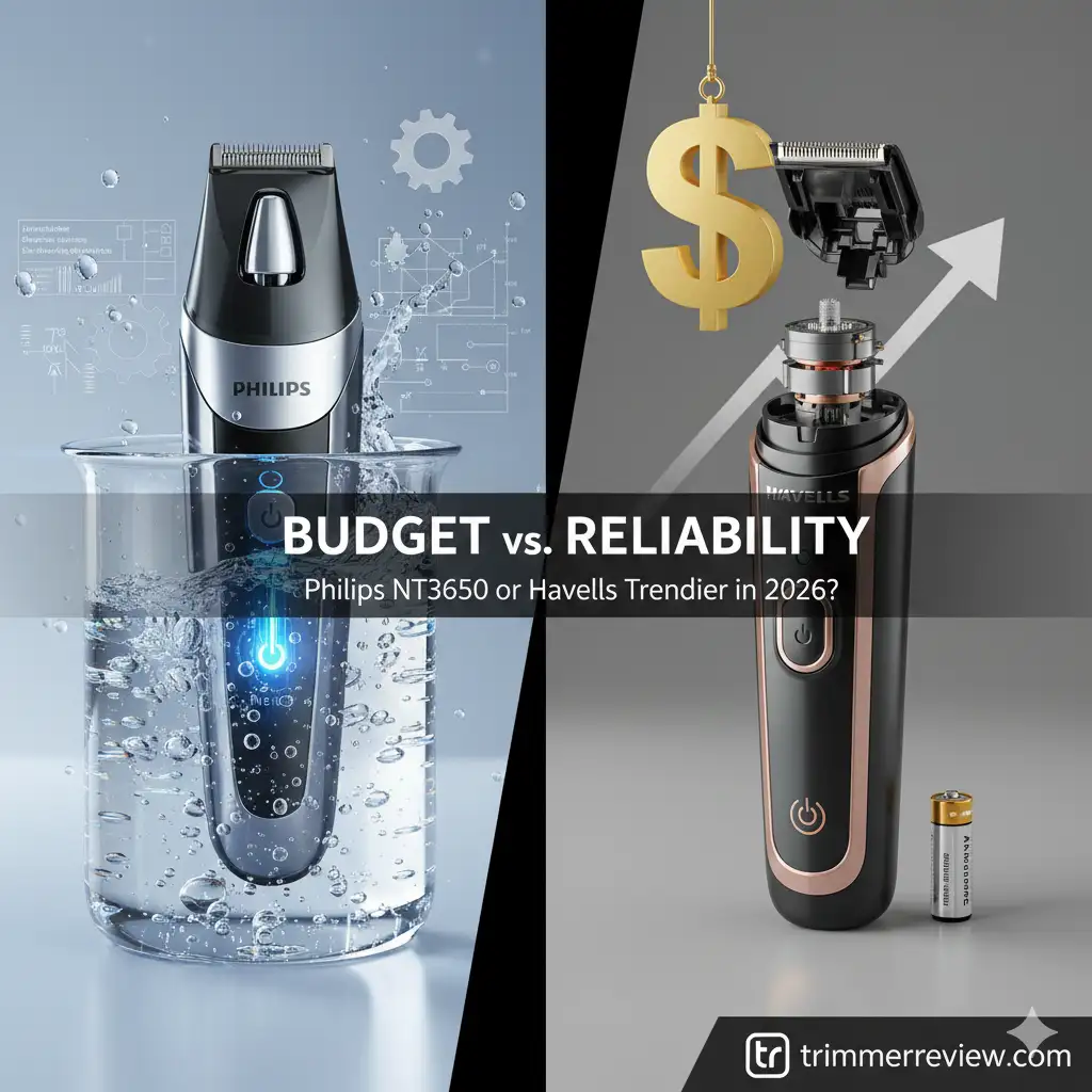 Philips NT3650 vs. Havells Trendier 2026 comparison showing waterproof reliability and budget efficiency.