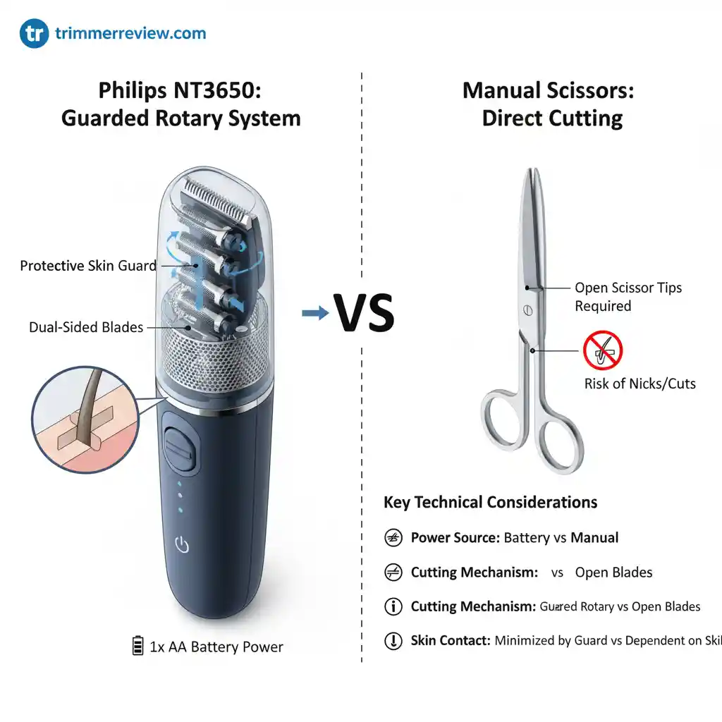Technical comparison infographic showing the Philips NT3650 guarded rotary cutting mechanism alongside manual grooming scissors, highlighting safety features and power sources.