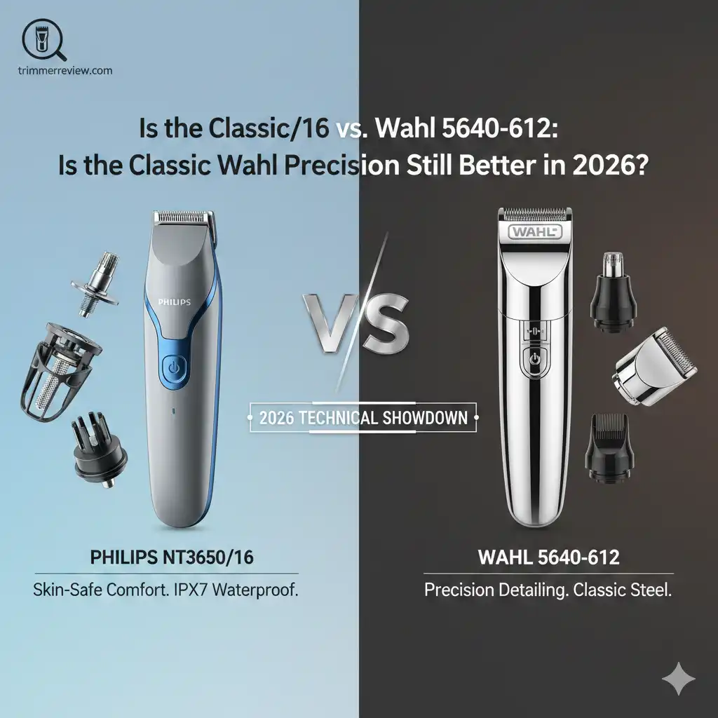 Technical infographic comparing Philips NT3650/16 dual-sided blades and Wahl 5640-612 high-carbon steel vertical trimmer for professional grooming.