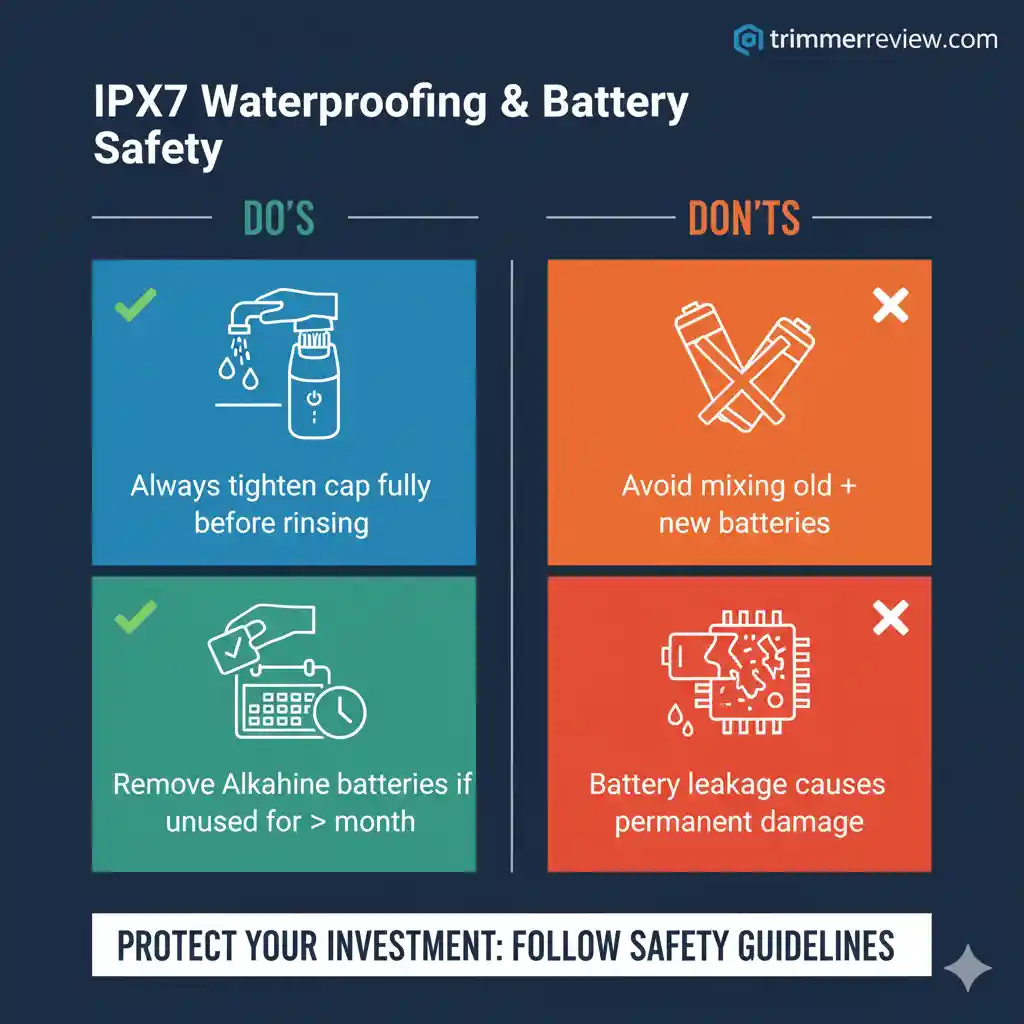 Safety infographic showing do's and don'ts for Philips NT3650 battery compartment and IPX7 waterproofing, including tips on rinsing and battery maintenance.