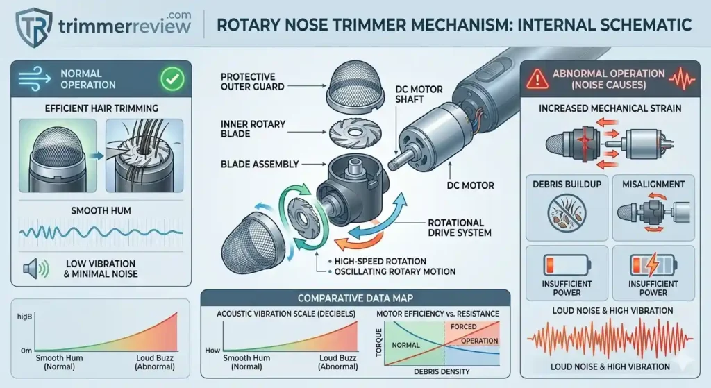 Technical schematic of a rotary nose trimmer showing DC motor shaft, inner blade, and protective guard assembly.