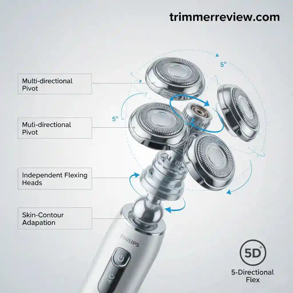 Philips Shaver S3144/03 5D Pivot and Flex head mechanism demonstrating multi-directional contour adaptation.