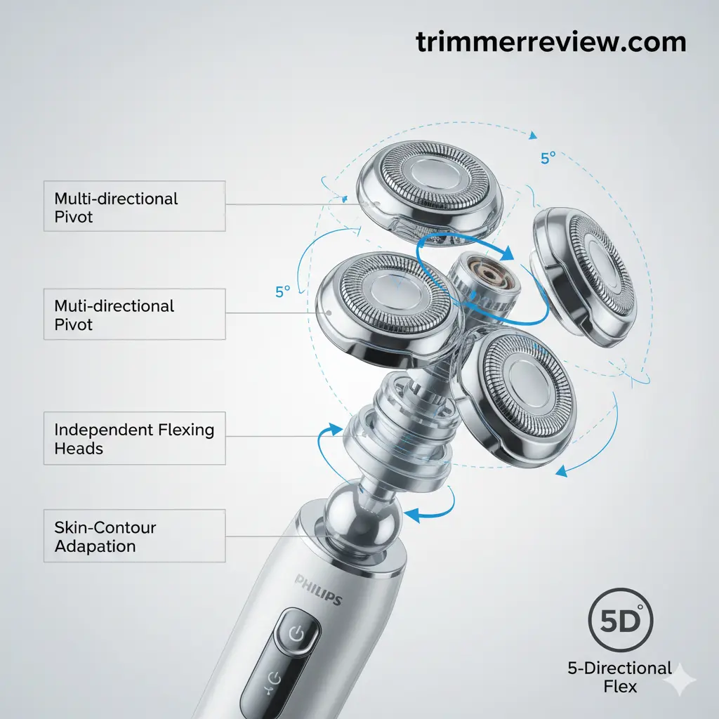Philips Shaver S3144/03 5D Pivot and Flex head mechanism demonstrating multi-directional contour adaptation.