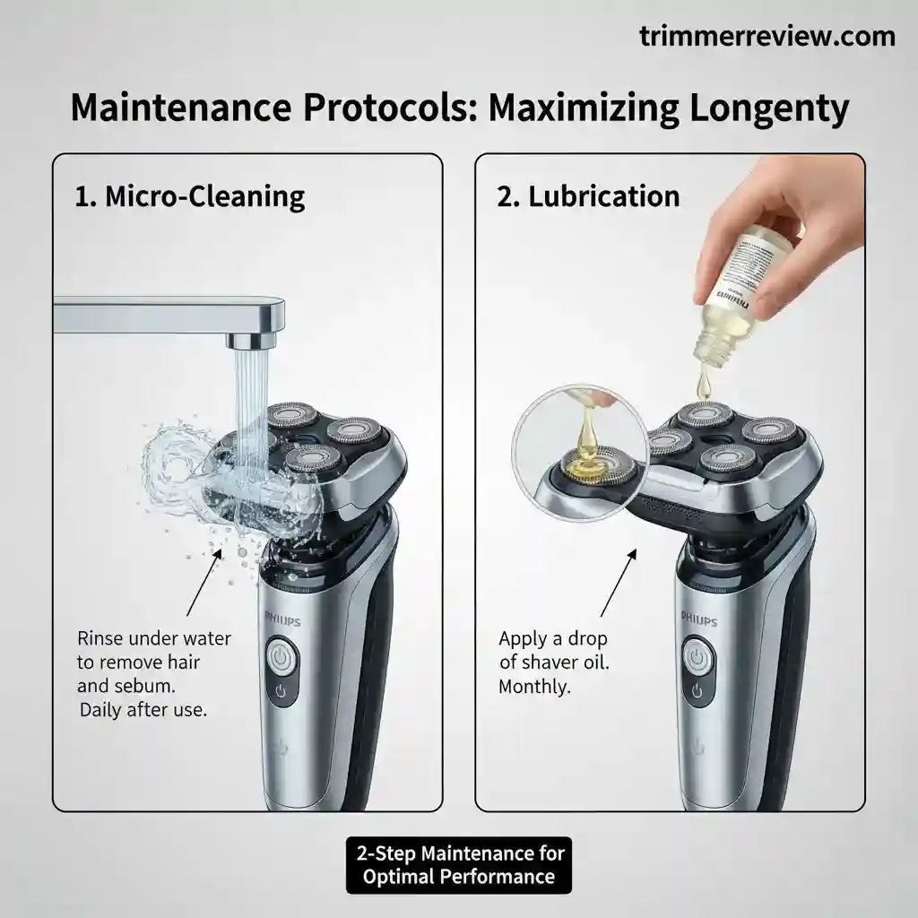 Electric shaver maintenance protocol: Daily micro-cleaning under water and monthly blade lubrication.