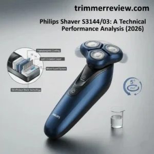 Philips Shaver S3144/03 technical breakdown showing SkinProtect technology and 5D pivot mechanism.