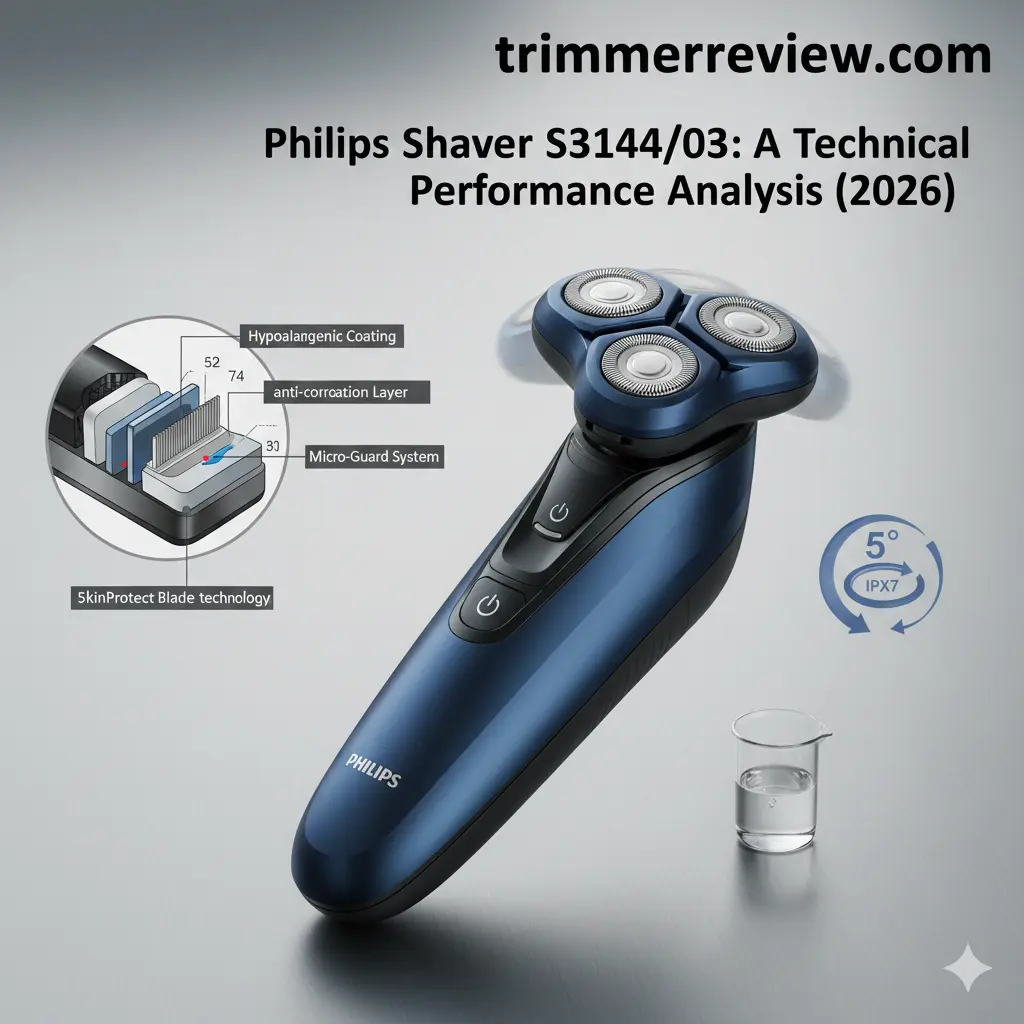 Philips Shaver S3144/03 technical breakdown showing SkinProtect technology and 5D pivot mechanism.