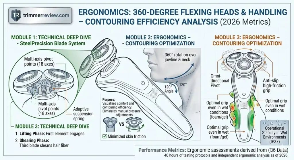 Diagram showing Philips S5582/20 shaver 360-degree flexing heads rotating over the jawline and neck for contouring efficiency.