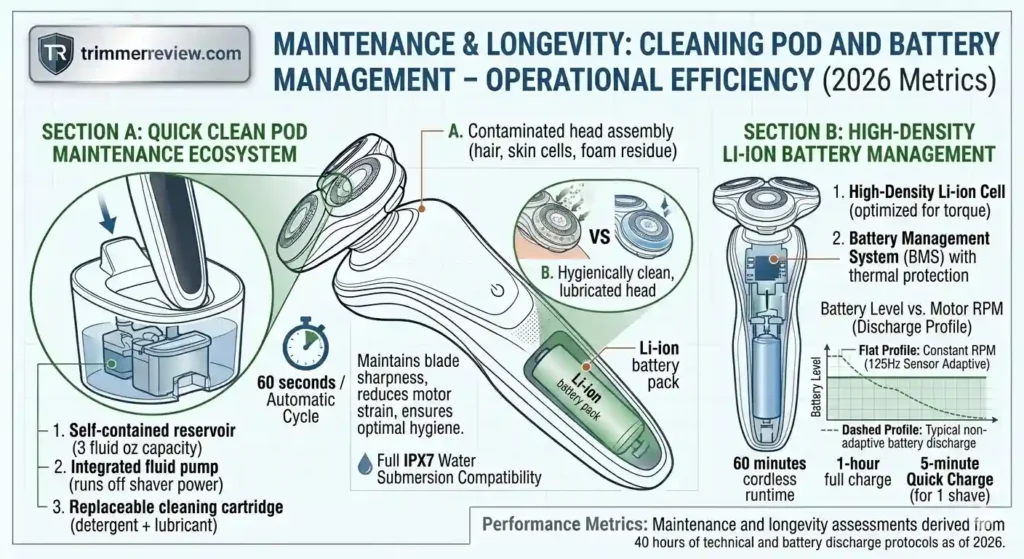 Technical diagram showing the Philips S5582/20 Quick Clean Pod maintenance cycle and Li-ion battery management system.