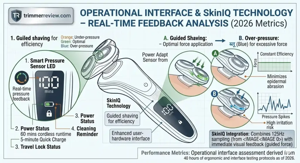 Diagram of Philips S5582/20 LED display and SkinIQ pressure sensor feedback showing optimal versus excessive force.
