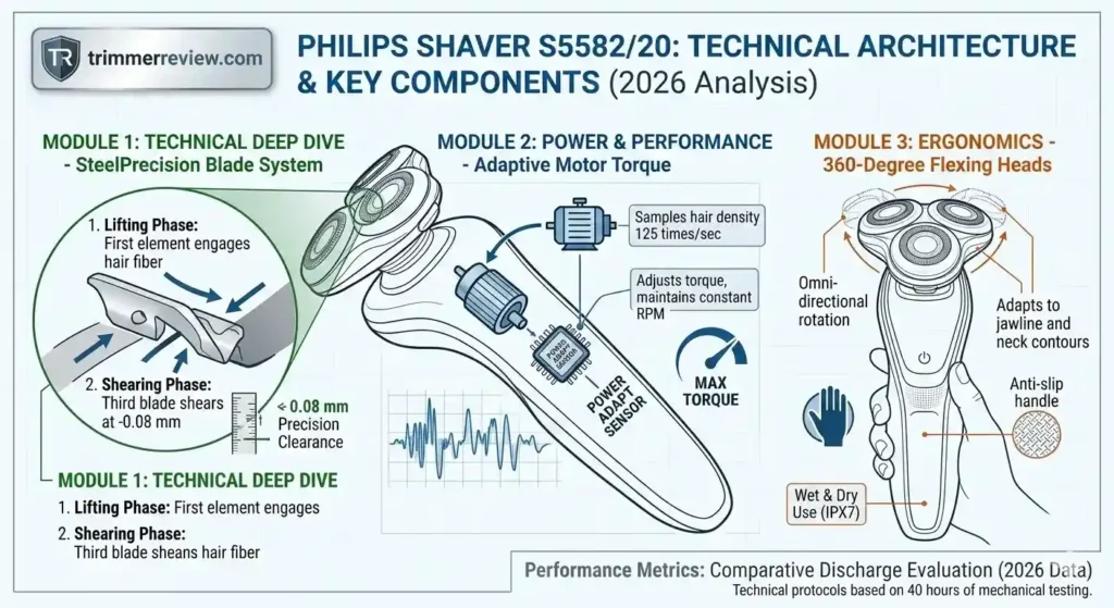 Technical diagram of Philips Shaver S5582/20 showing SteelPrecision blades, Power Adapt sensor, and 360-degree flexing heads.