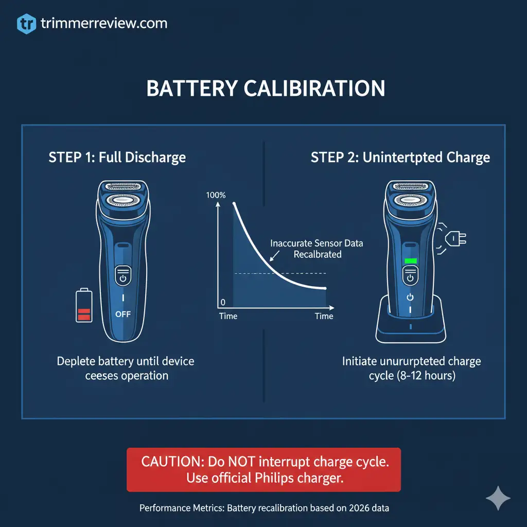 Instructional diagram illustrating the two-step battery calibration process for Philips electric shavers to fix inaccurate power level reporting.