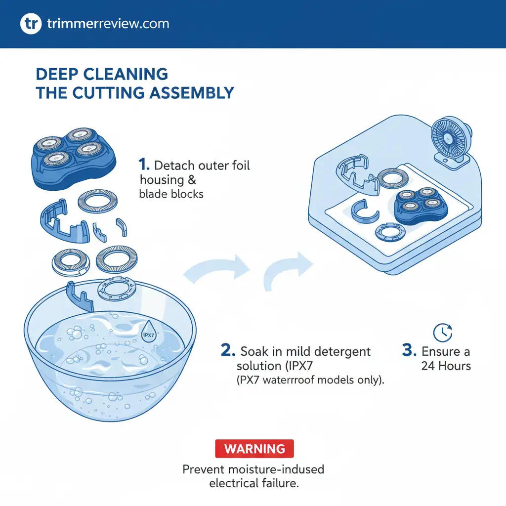 Step-by-step diagram showing how to deep clean a Philips electric shaver cutting assembly using a mild detergent soak.