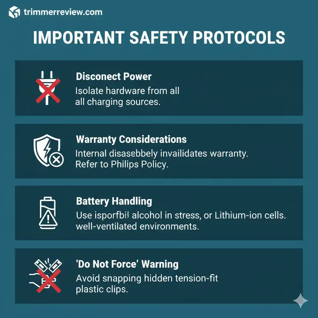 Infographic displaying safety protocols for DIY electric shaver repair, including power disconnection, battery safety, and warranty warnings.