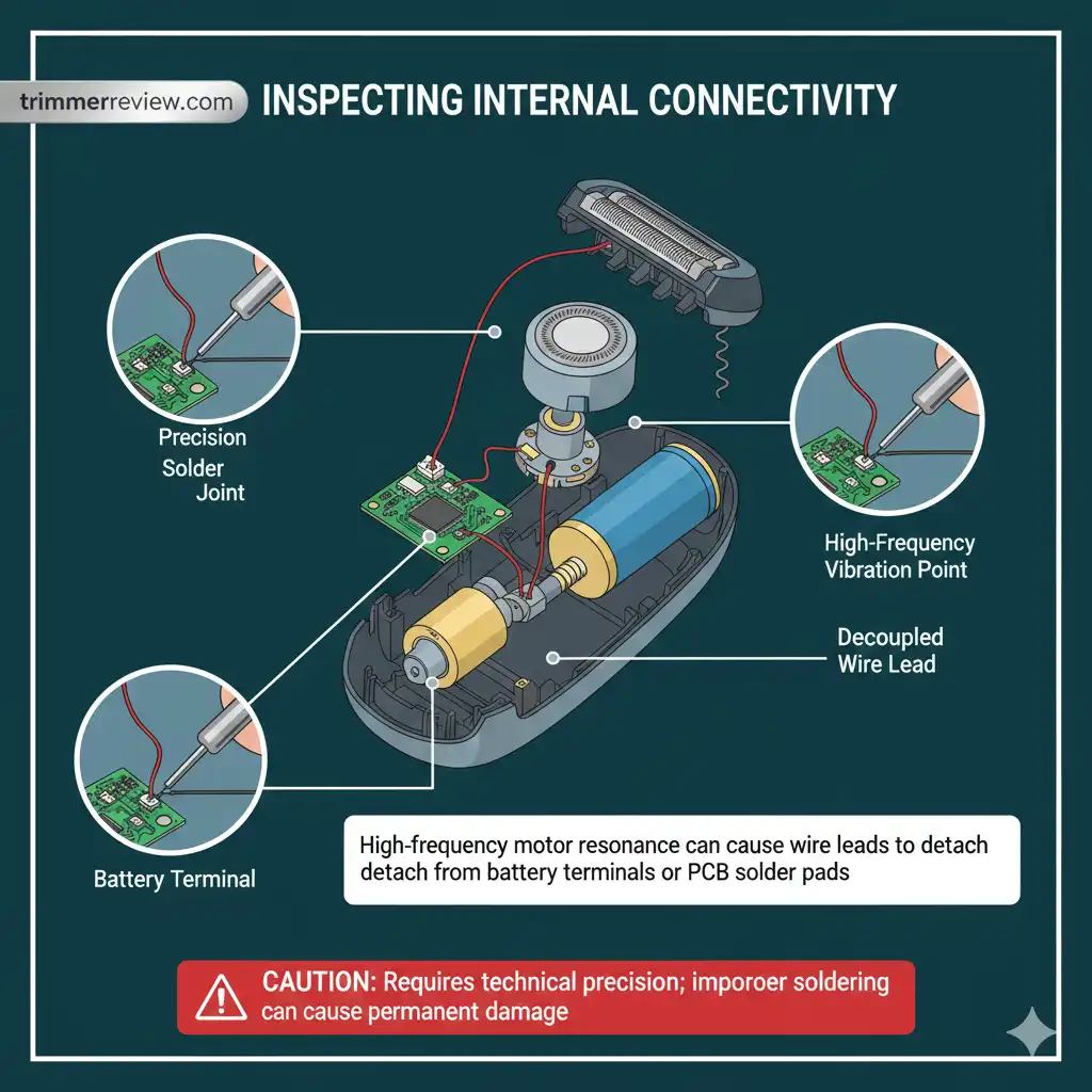 Diagram showing the inspection of internal wire leads and PCB solder joints in a Philips rotary electric shaver.