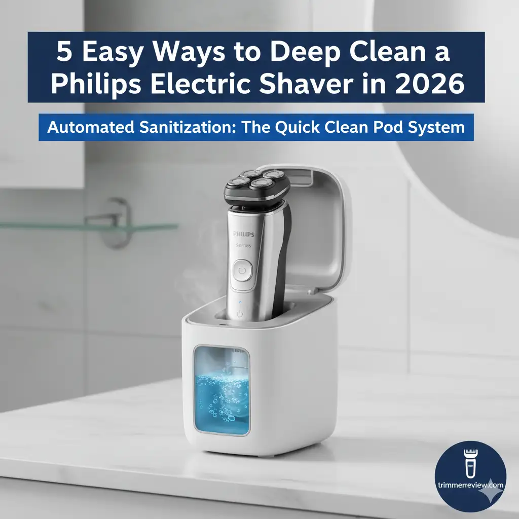 Automated sanitization using the Quick Clean Pod system to deep clean Philips electric shaver units.
